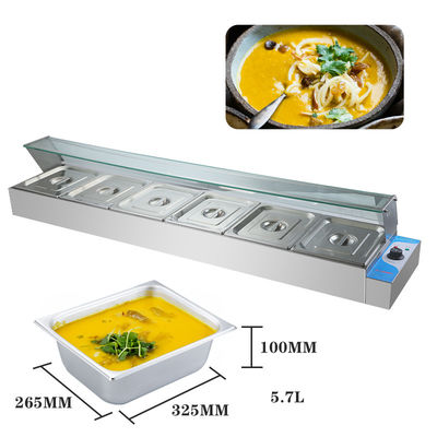2KW 스테인리스 스틸 상업용 6 Pan Bain Marie 유리 덮개